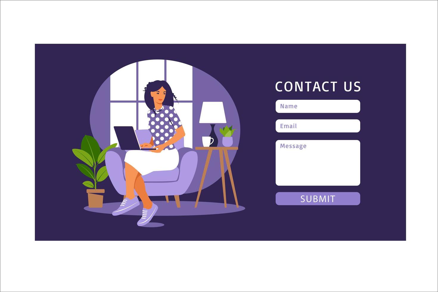 Contact us form template for web and Landing page. Female customer talking with client. Online customer support, help desk concept and call center. Vector illustration in flat.