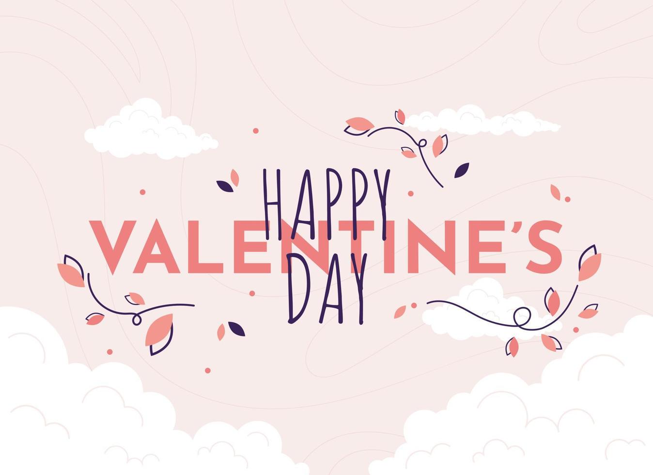 Happy Valentine's Day text banner with clouds and flowers. Romantic and Love poster, greeting card and postcard. Pink and White. Vector illustration in flat design