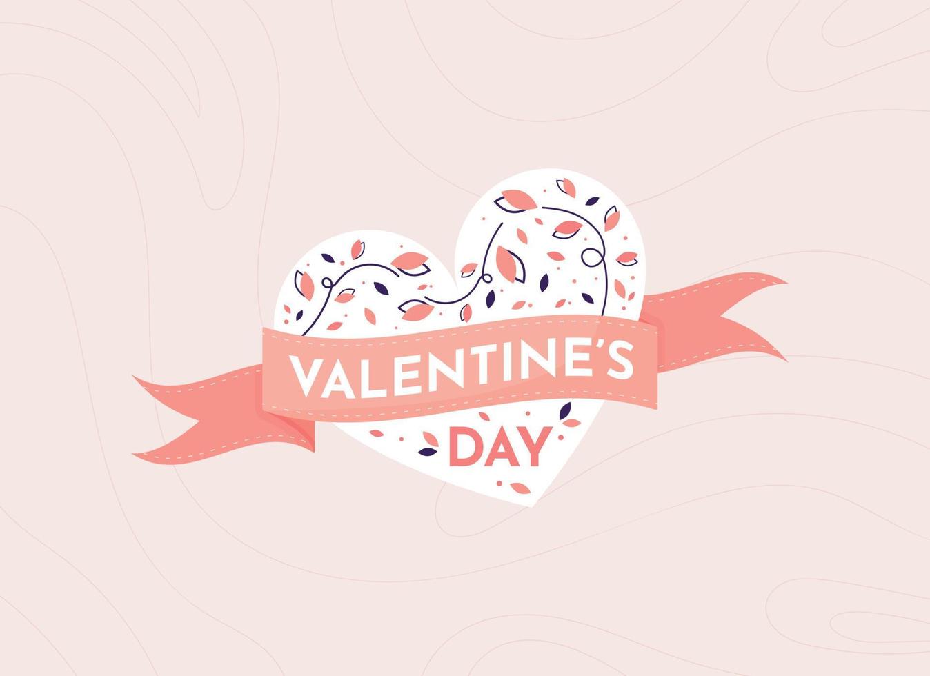 Happy Valentine's Day pink ribbon banner with white heart and flowers. Romantic and Love poster, greeting card and postcard. Vector illustration in flat design