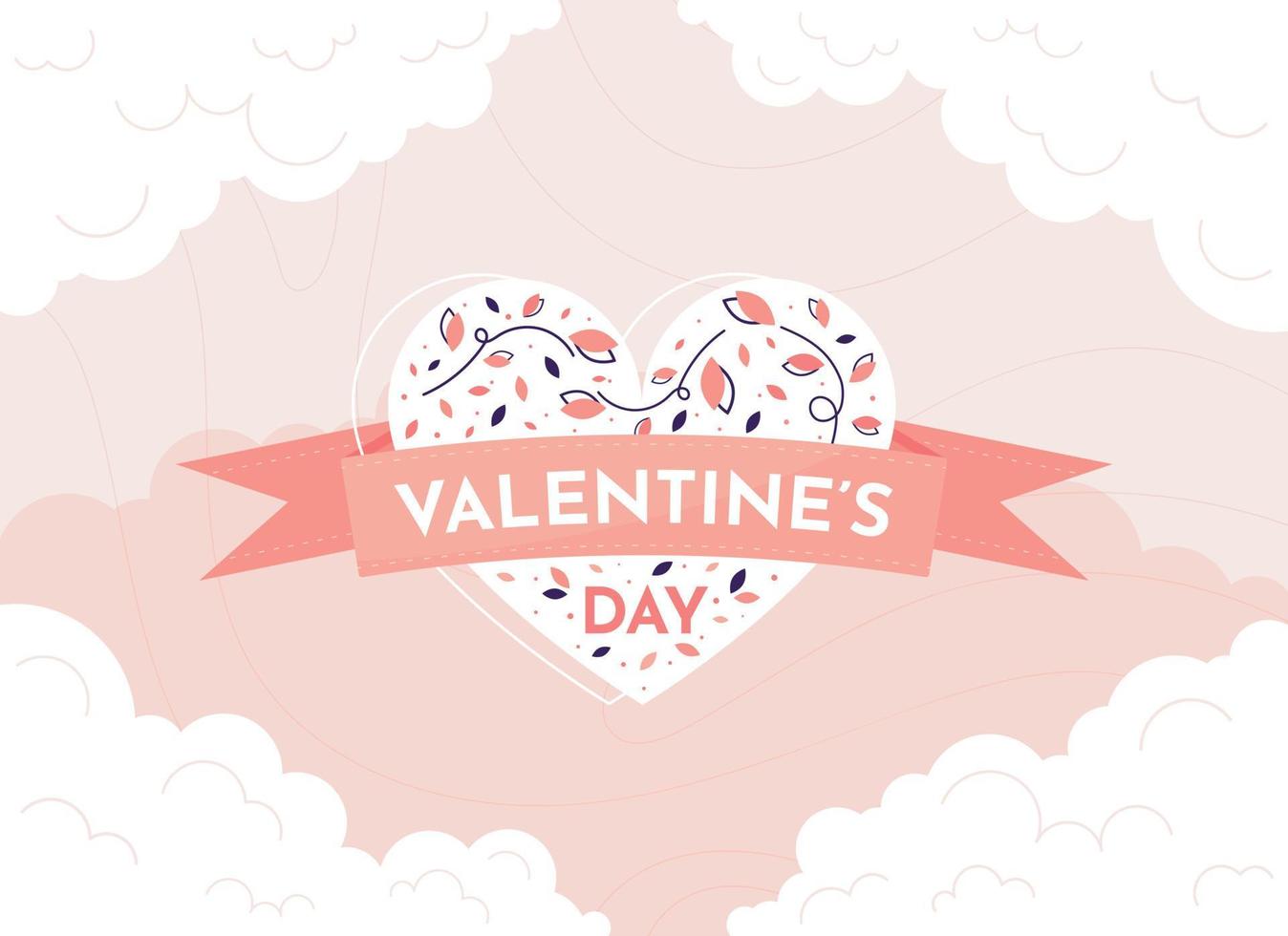 Happy Valentine's Day pink ribbon banner with white heart and flowers. Romantic and Love poster, greeting card and postcard. Vector illustration in flat design