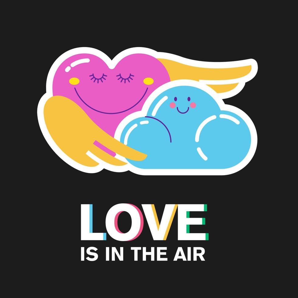 A heart in love with a cloud. Vector cartoon sticker about love.