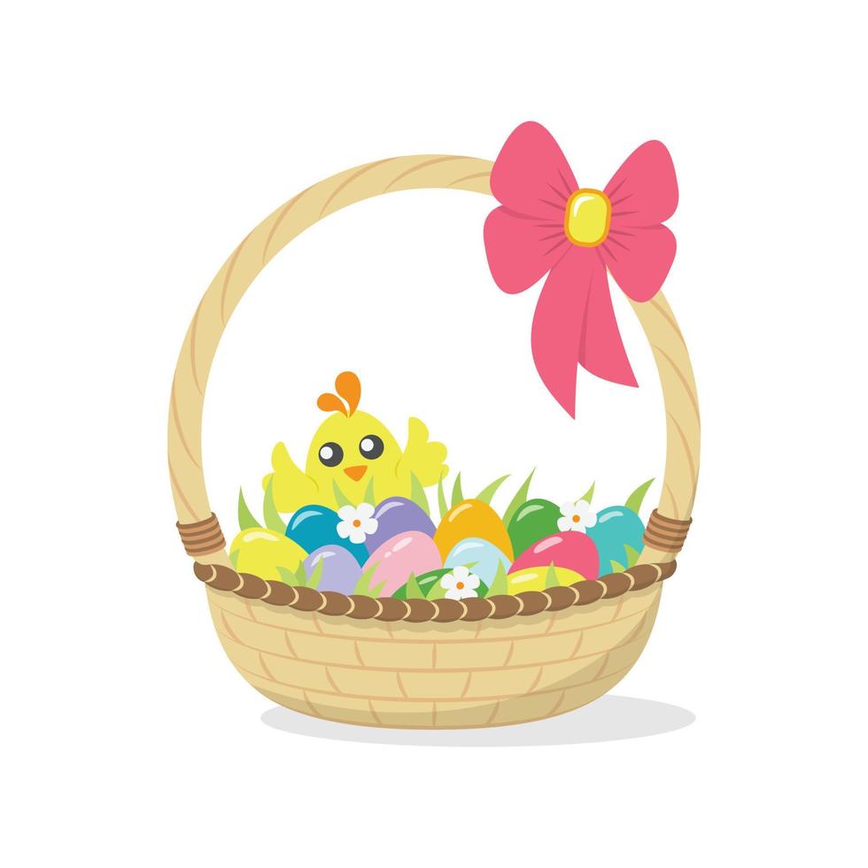 Easter Wicker Basket with Painted Eggs and Hatched Chick vector