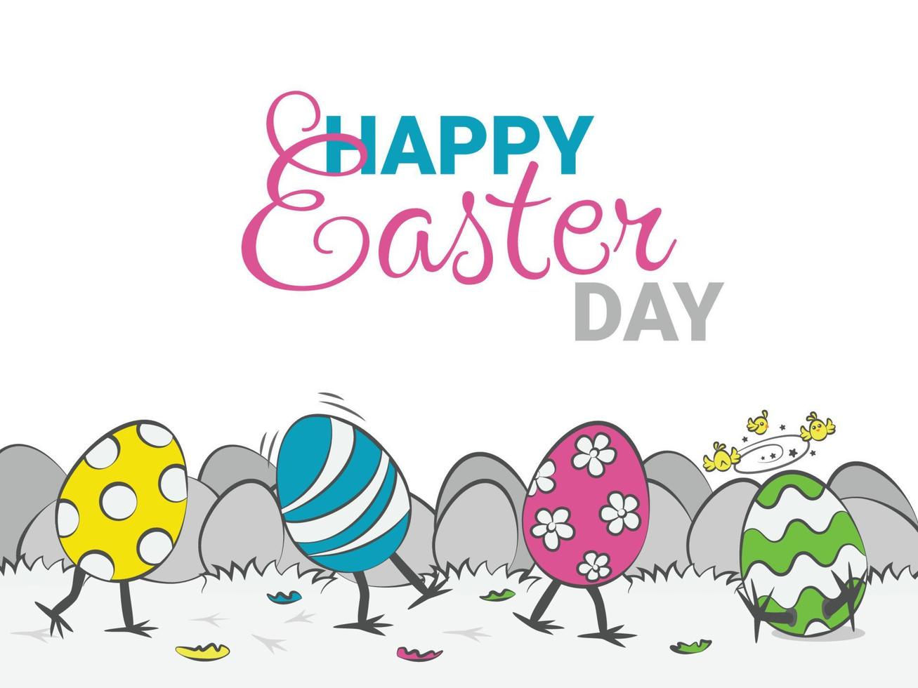 Happy Easter Day Card with Hatched Chicks and Funny Walking Eggs vector