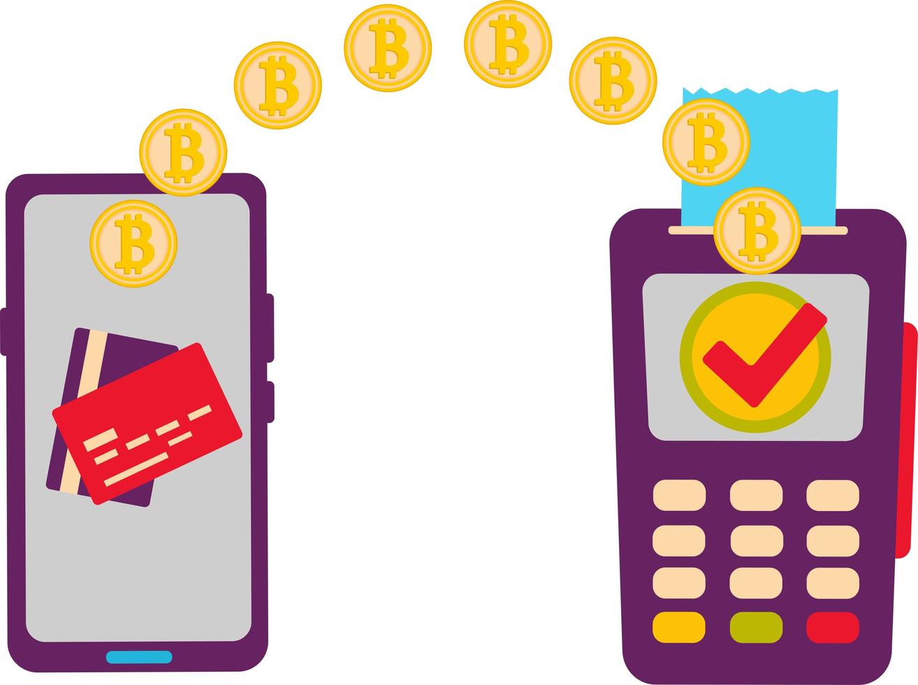 Buying with bitcoins. Contactless payment of a smartphone. vector