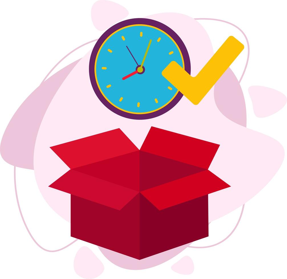 An open box and a watch. A check mark about the order completion. vector