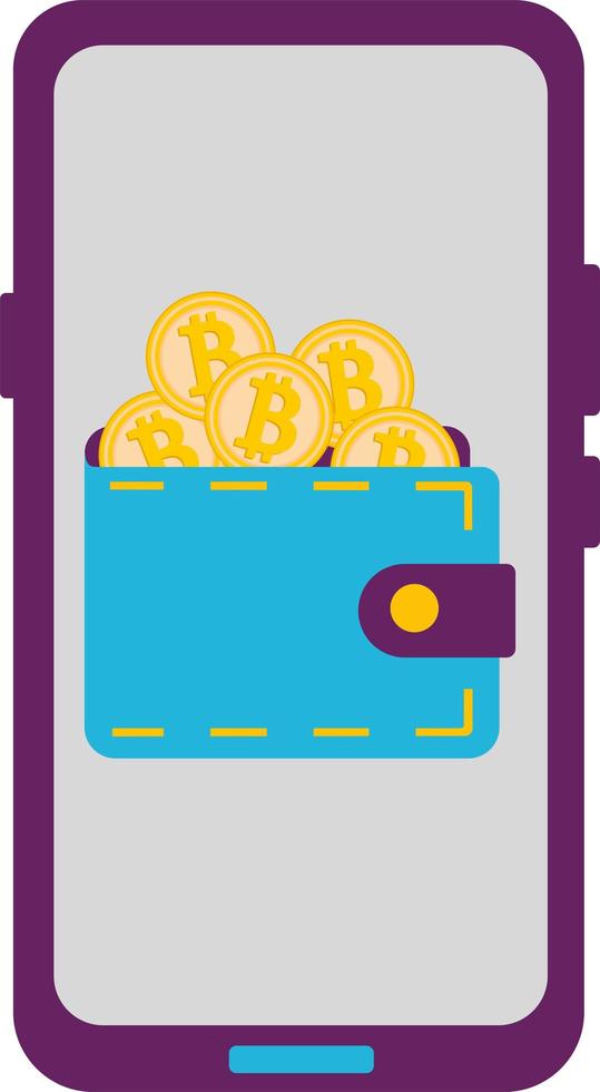 Wallet with bitcoin gold coins, on the phone screen. vector