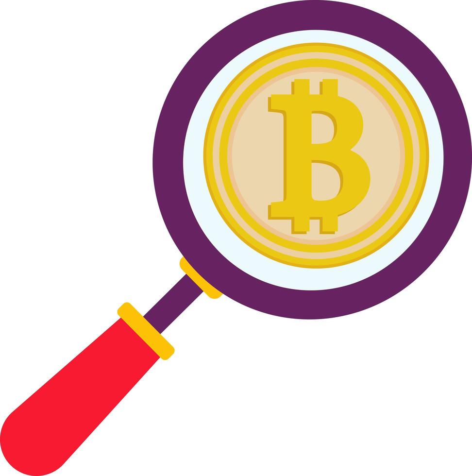 A Bitcoin gold coin under a magnifying glass. vector