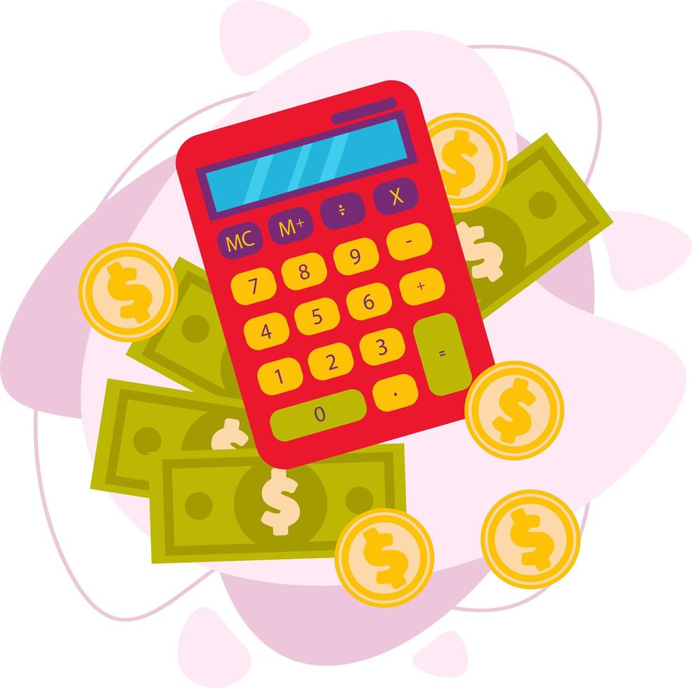 calculadora con billetes y monedas, dólares, dinero, ilustración vectorial. vector