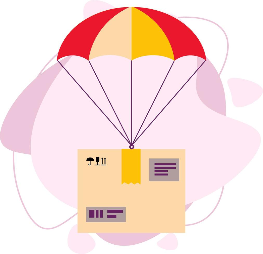 Parachutes delivering parcels. The box with the cargo is flying. vector