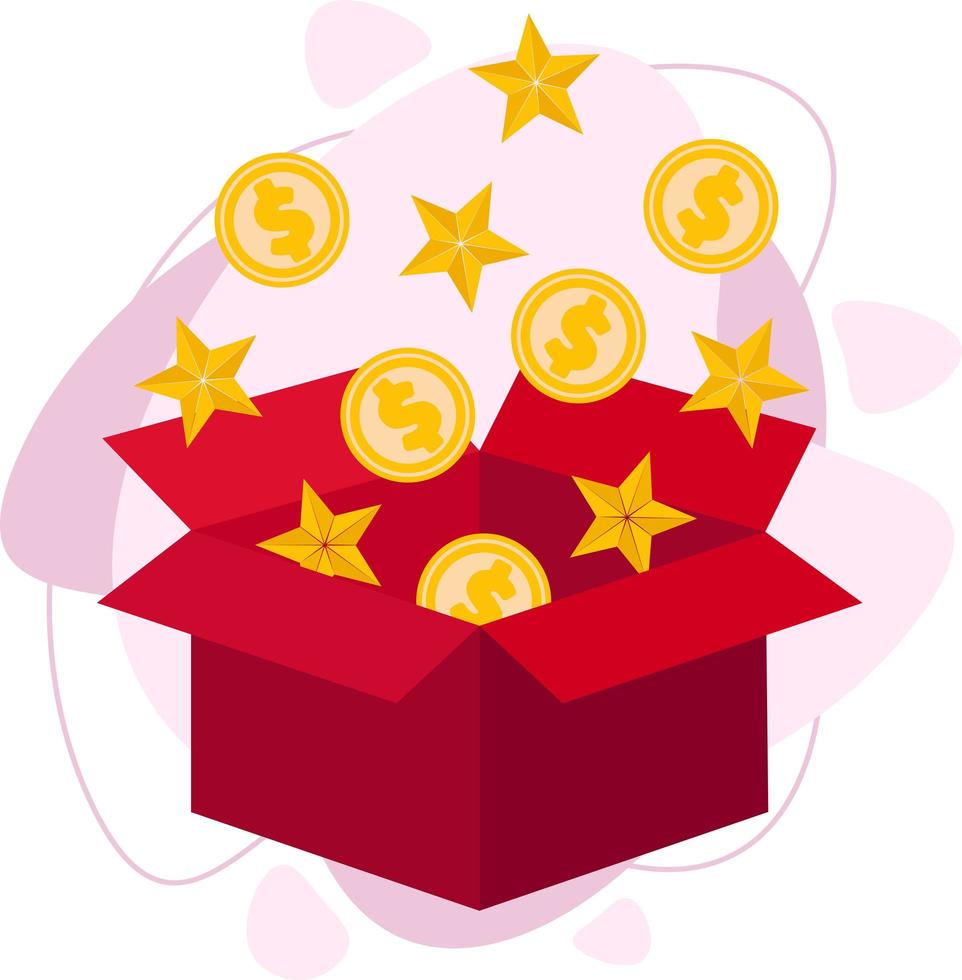 Unpacking a surprise gift box, stars and coins fly out of the box. vector