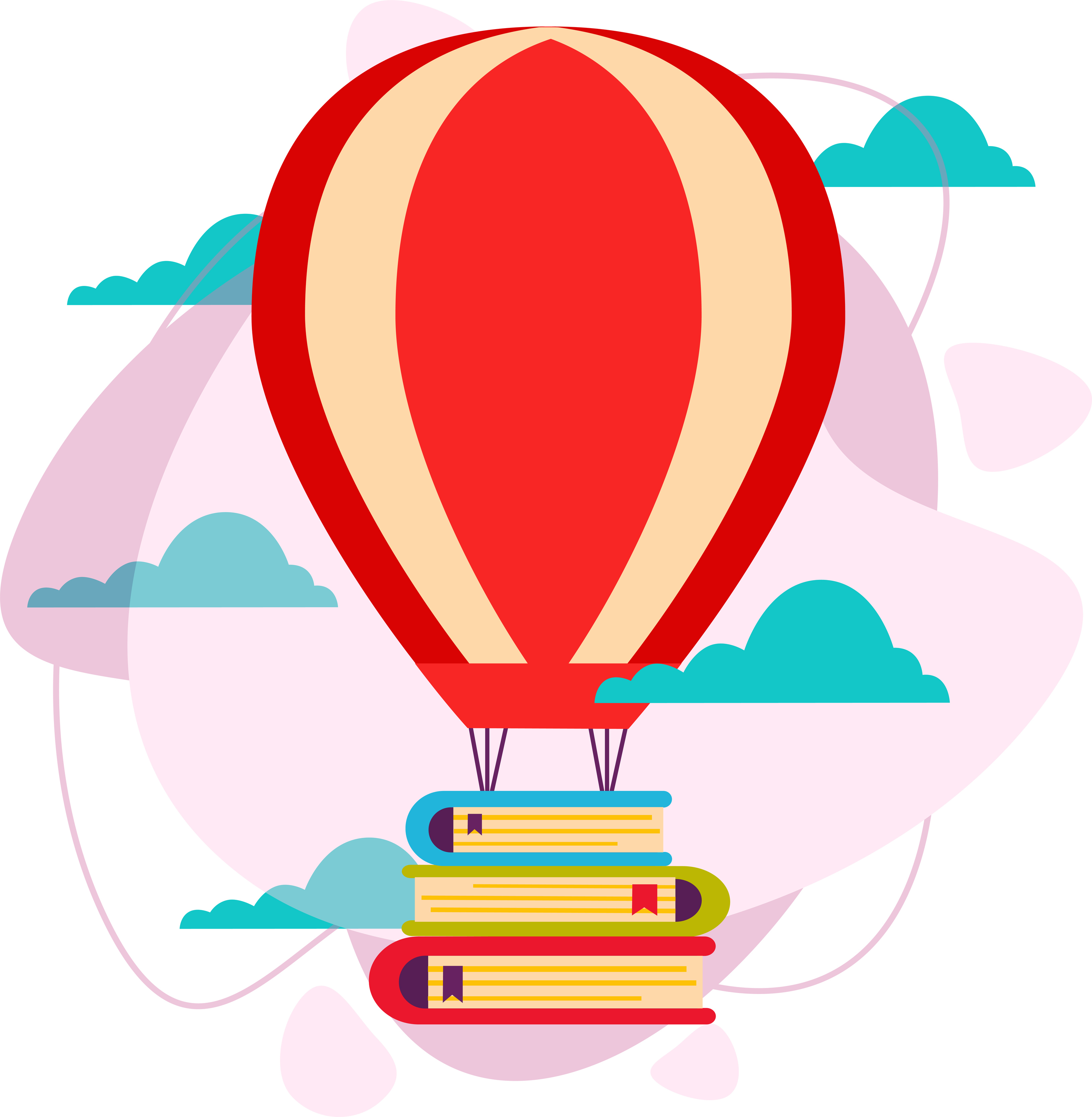 Books are flying in the clouds in a balloon. 5428860 Vector Art at Vecteezy