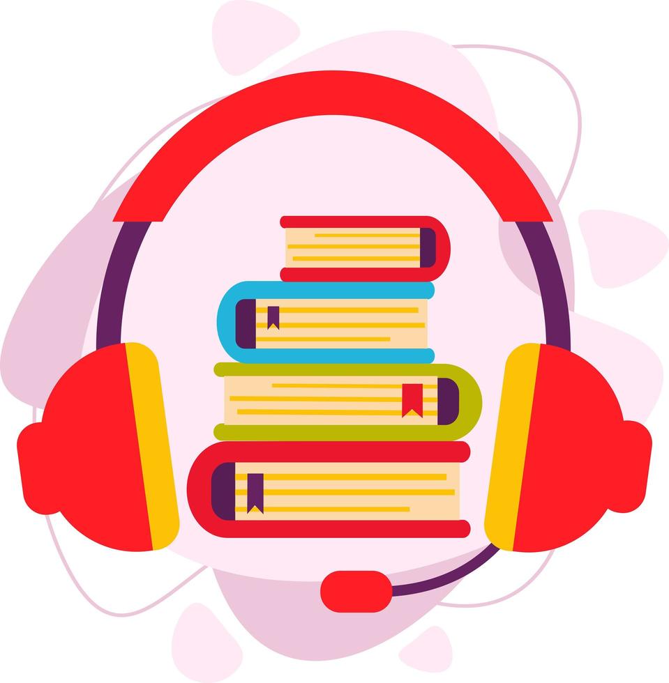 concepto de audiolibro. una pila de libros con auriculares. vector