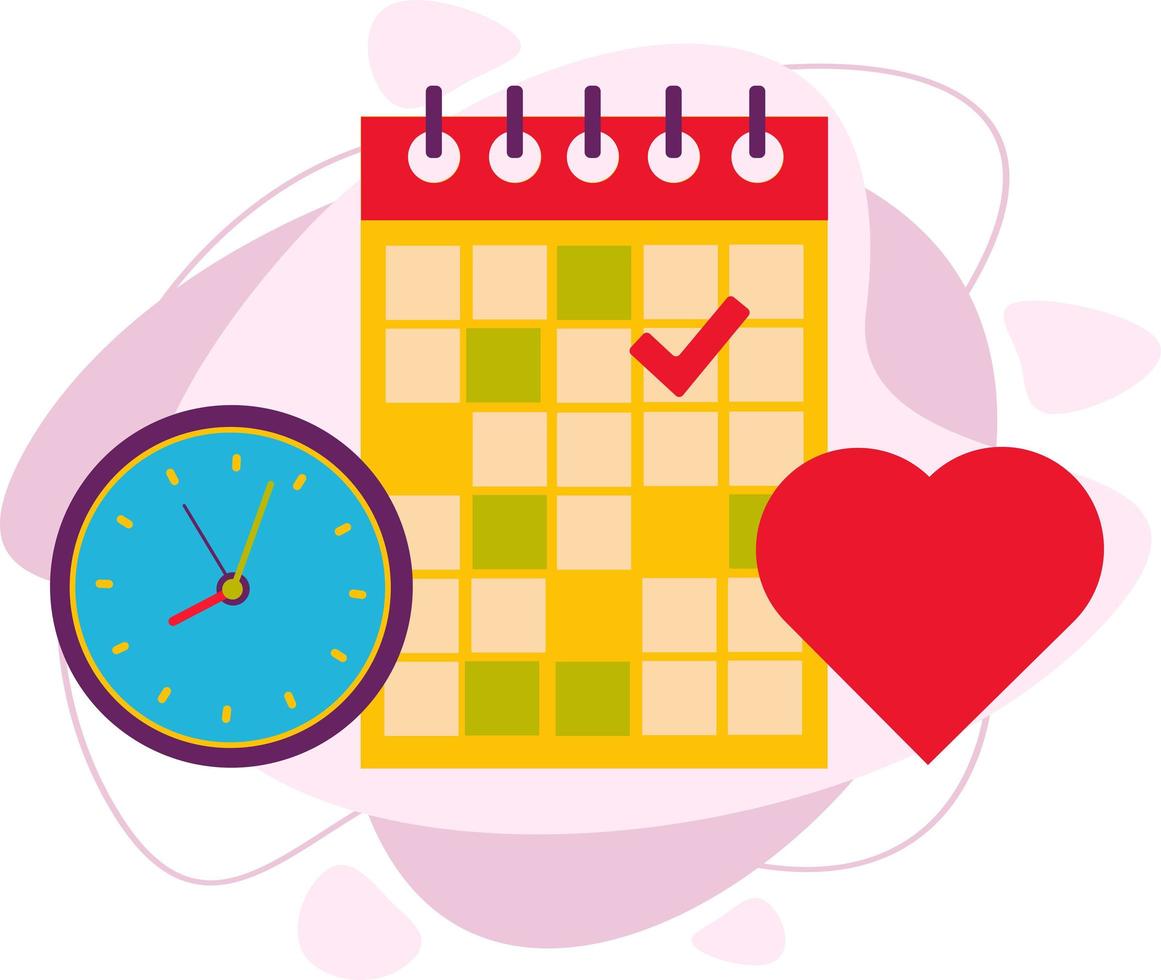 corazón, calendario y reloj. el calendario muestra un día importante. vector