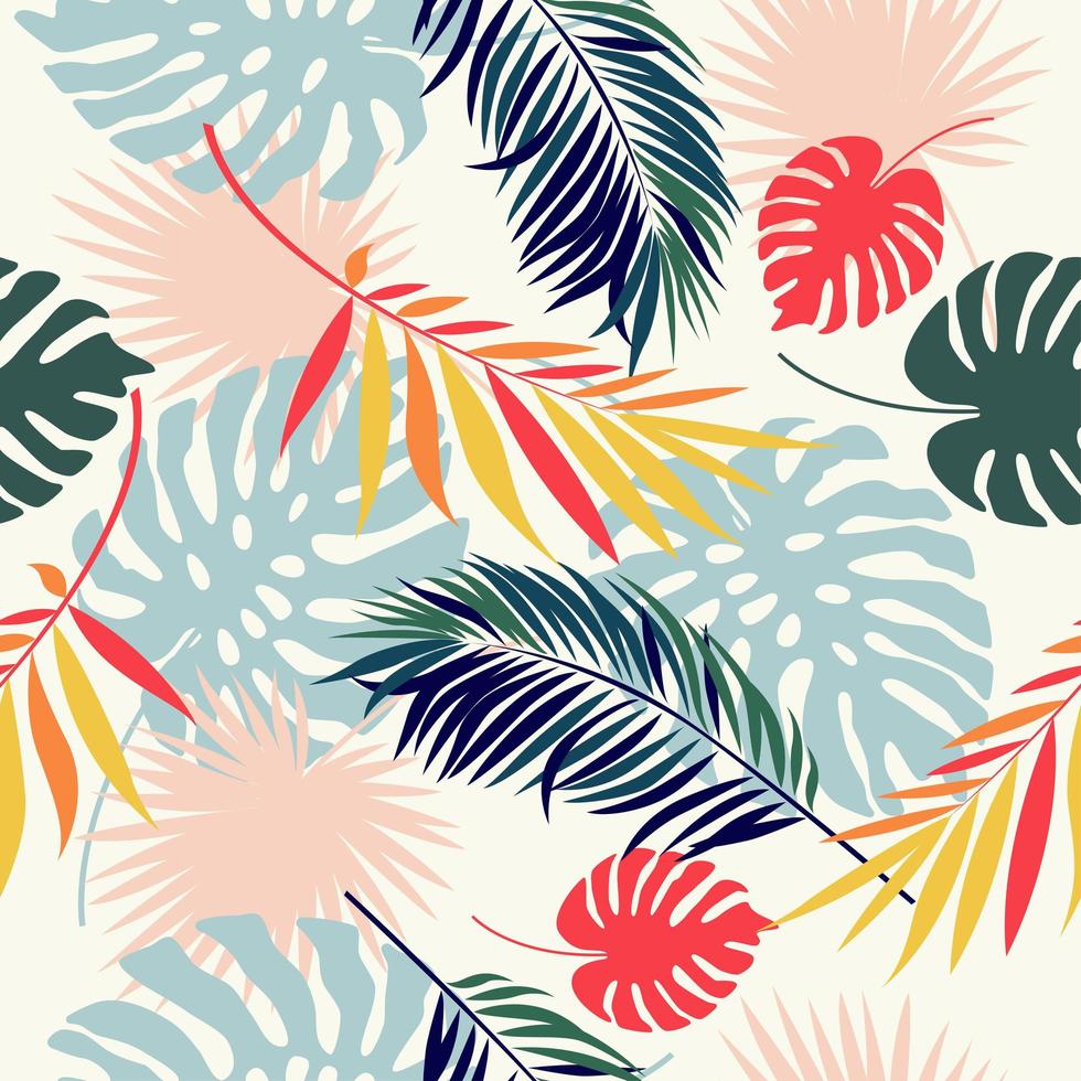 Vector seamless drawing with colorful tropical leaves on a white background.