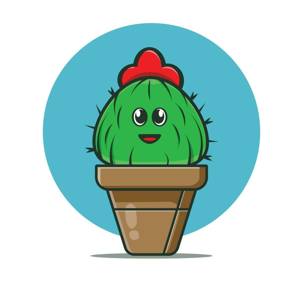 Cartoon icon illustration of cute tiny round cactus in a brown pot. House plant concept. Premium isolated design vector