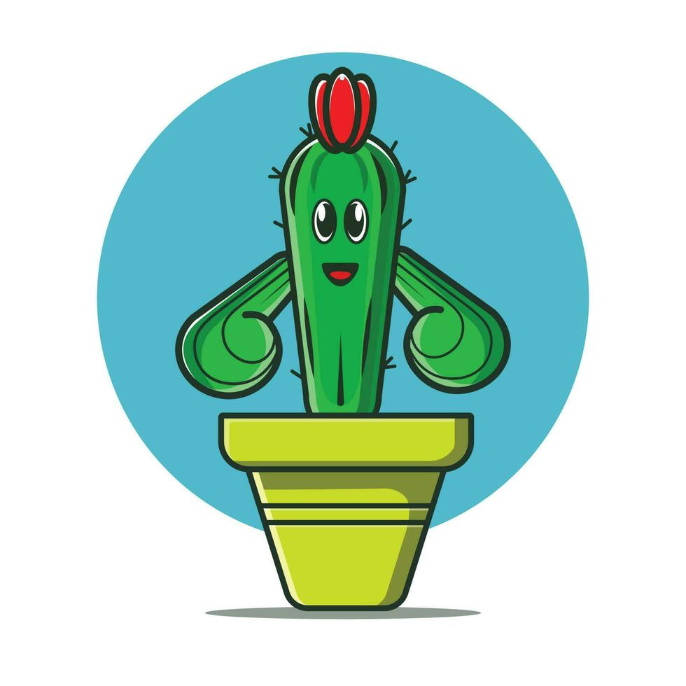 Cartoon icon illustration of a cute big-armed tiny cactus in a pot. Fantasy plant concept. Premium isolated design. vector