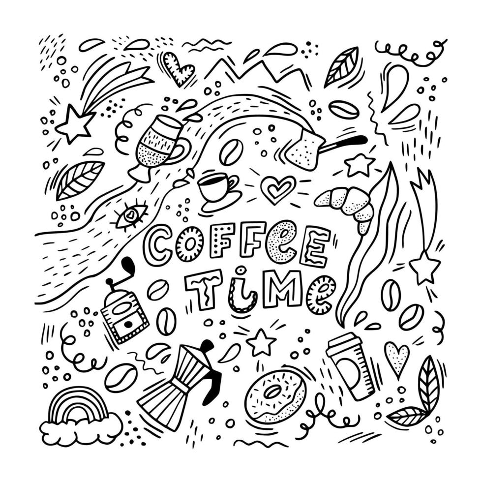 hand  drawn 'Coffee time' doodles on white background. Cute cup, donut, coffee maker and other decorative elements for prints, backgrounds, stationery, textile, posters, banners, etc. EPS 10 vector