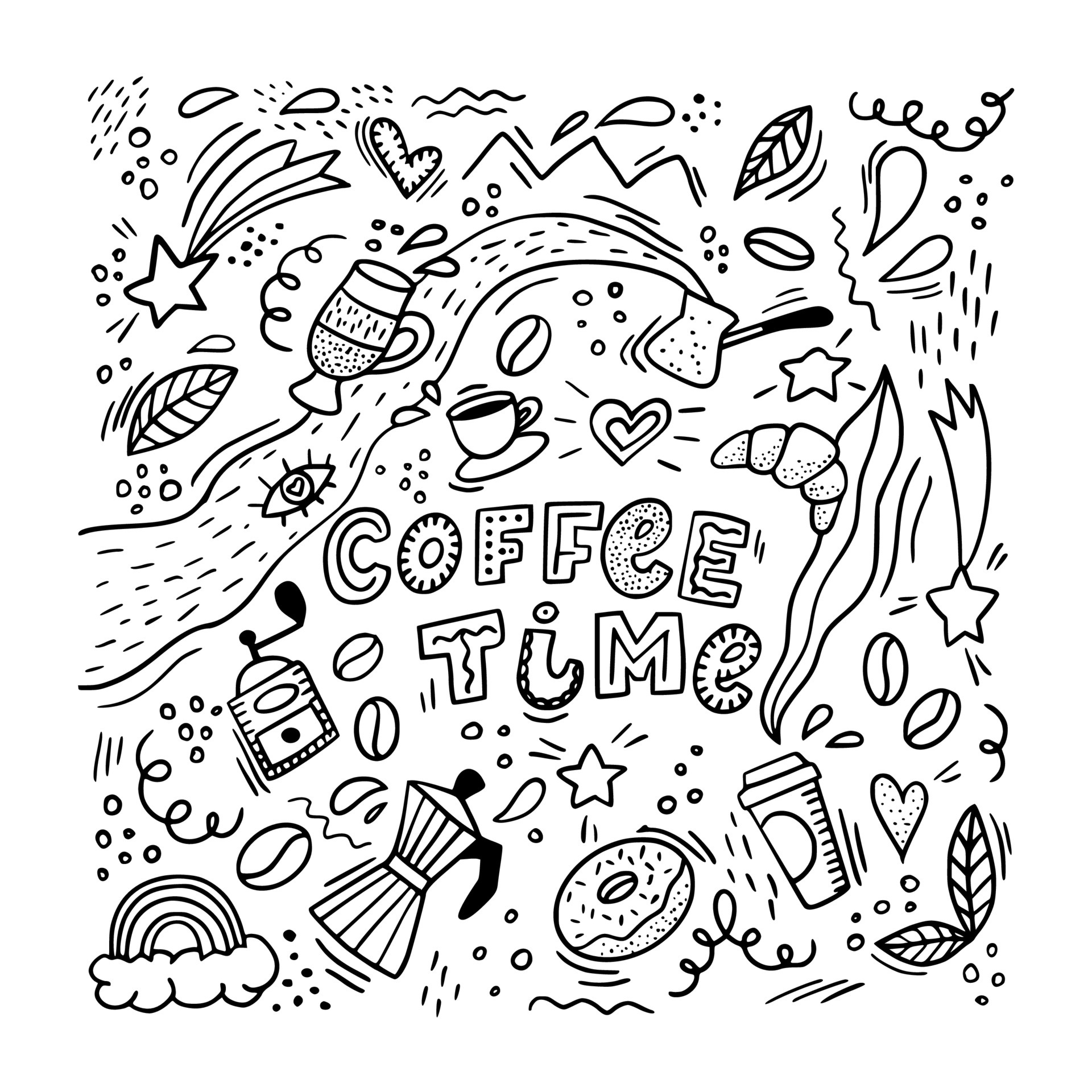 hand drawn 'Coffee time' doodles on white background. Cute cup, donut,  coffee maker and other decorative elements for prints, backgrounds,  stationery, textile, posters, banners, etc. EPS 10 5429074 Vector Art at  Vecteezy