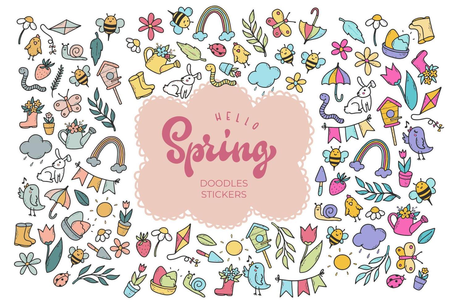 Set of hand drawn spring doodles and stickers. vector