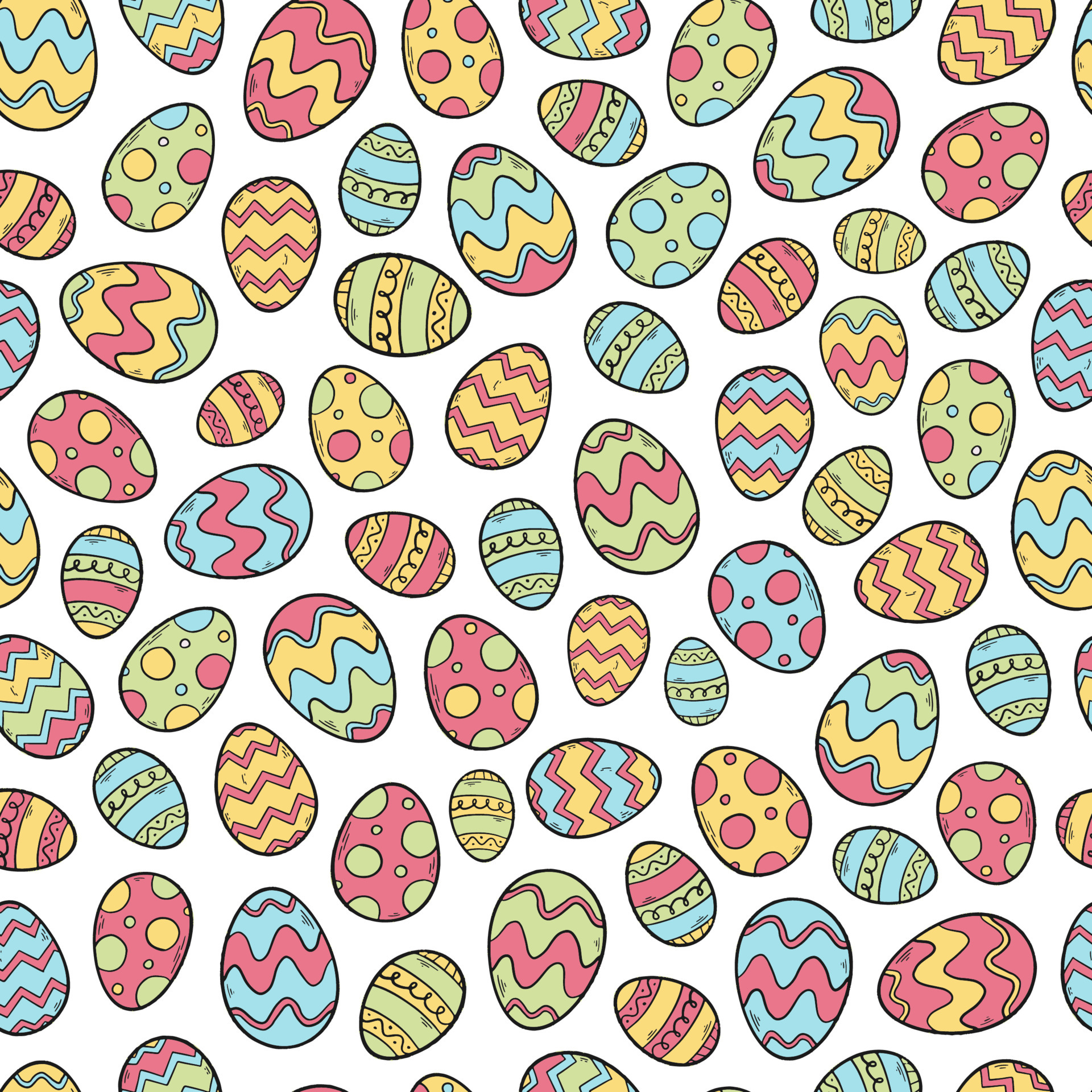 Easter seamless pattern with doodled eggs on white background. Good for prints, wrapping paper