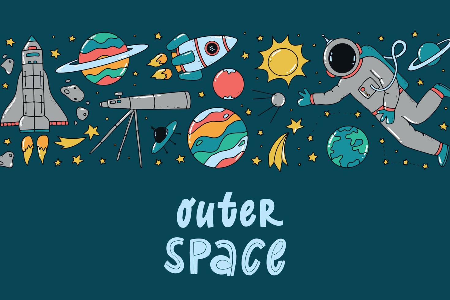 banner espacial decorado con garabatos y citas. bueno para carteles, tarjetas de felicitación, pancartas, invitaciones, plantillas, impresiones, etc. eps 10 vector