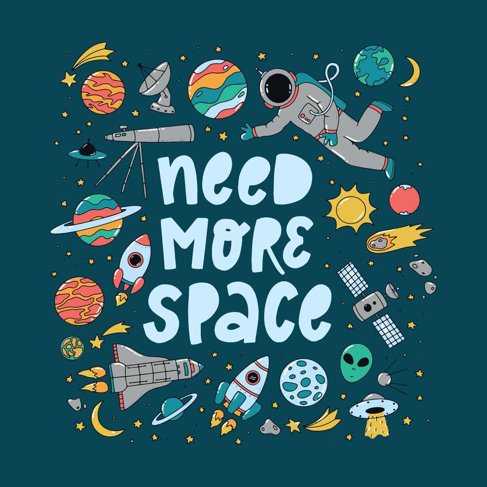 Lettering quote 'Need more space' decorated with hand drawn space doodles for nursery posters, prints, cards, kids apparel, icons, stickers, etc. EPS 10 vector