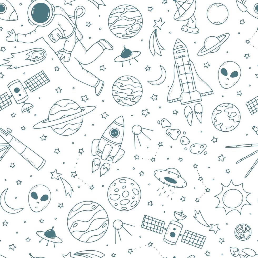 space seamless pattern decorated with hand drawn doodles on white background. Good for posters, prints, cards, signs, wrapping paper, textile, scrapbooing, wallpaper, etc. EPS 10 vector