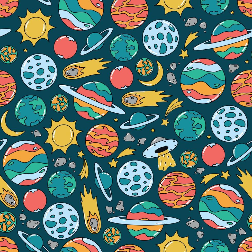 colorful space seamless pattern with hand drawn planets, star and asteroids. Good for wrapping paper, textile prints, wallpaper, nursery decor, scrapbooking, kids apparel, etc. EPS 10 vector