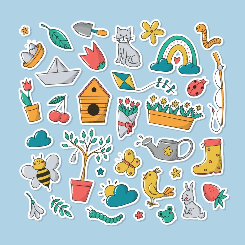 set of hand drawn spring stickers and doodles with white edge  isolated on blue background. Good for prints, scrapbooking, planners, clipart, kids apparel decor, nursery, etc. EPS 10 vector