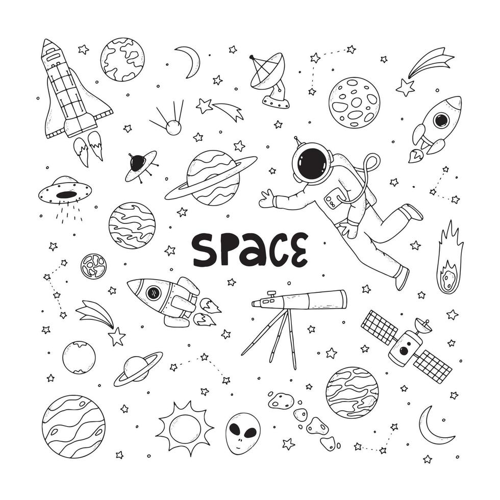 set of space doodles icolated on white background. Good for coloring pages, prints, cards, posters, scrapbooking, stationary, etc. EPS 10 vector