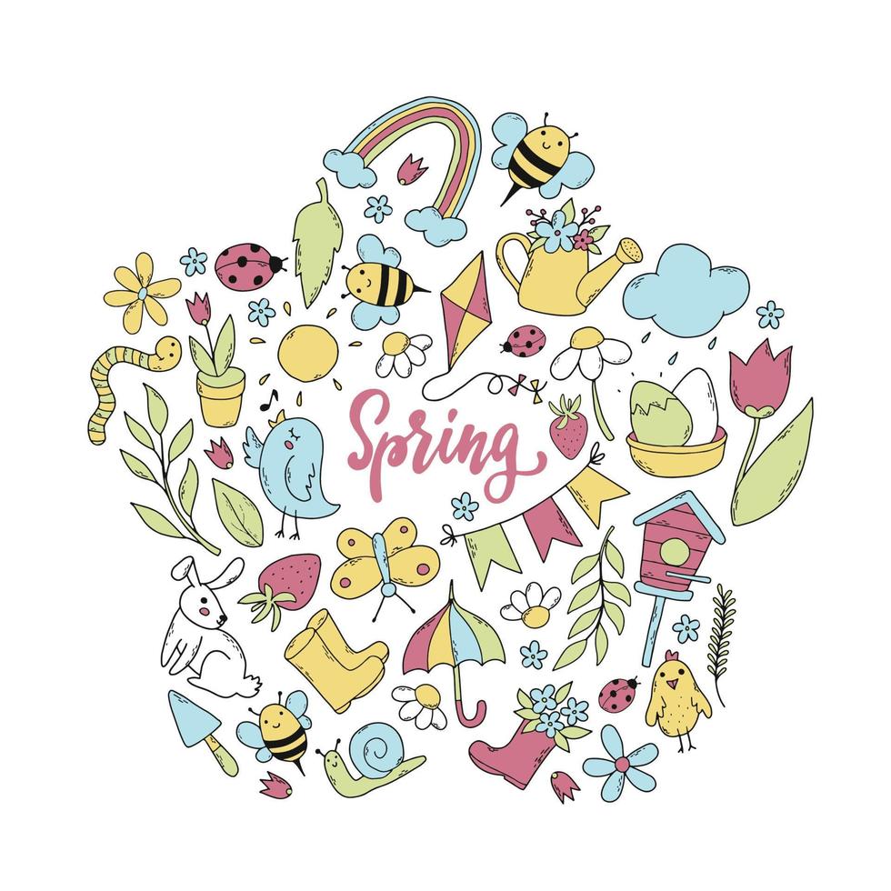 conjunto de garabatos de primavera y pascua dibujados a mano. bueno para pegatinas, imágenes prediseñadas, impresiones, álbumes de recortes, etc. eps 10 vector