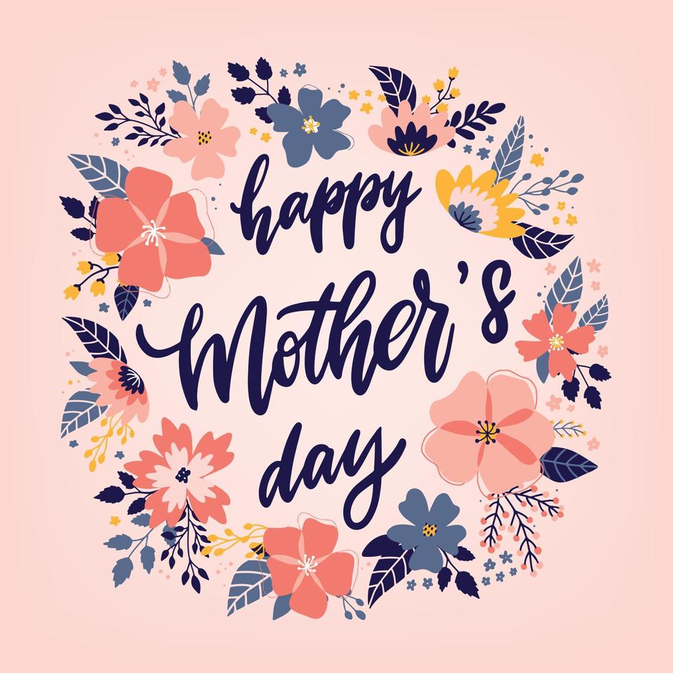 linda cita con letras a mano 'feliz día de la madre' decorada con una corona floral. bueno para carteles, tarjetas de felicitación, impresiones, invitaciones, pancartas, etc. eps 10 vector