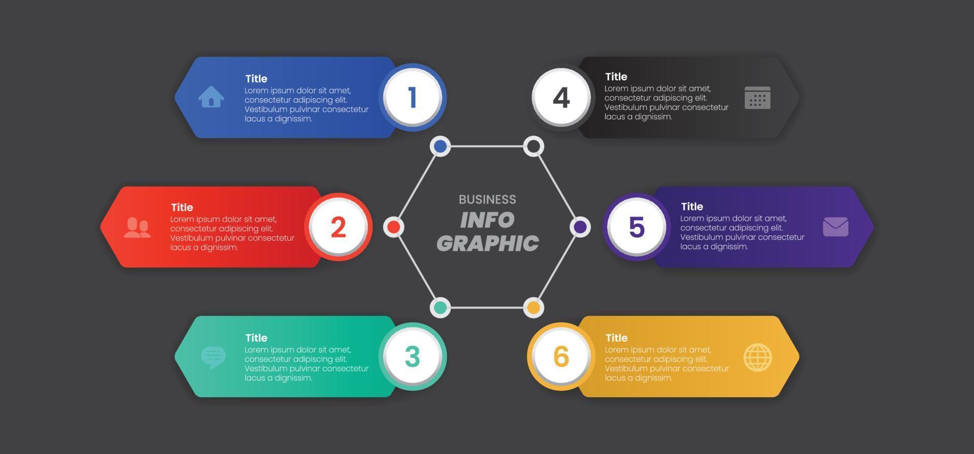 diagrama infográfico de seis opciones hexagonales, ilustración de vector de plantilla colorida