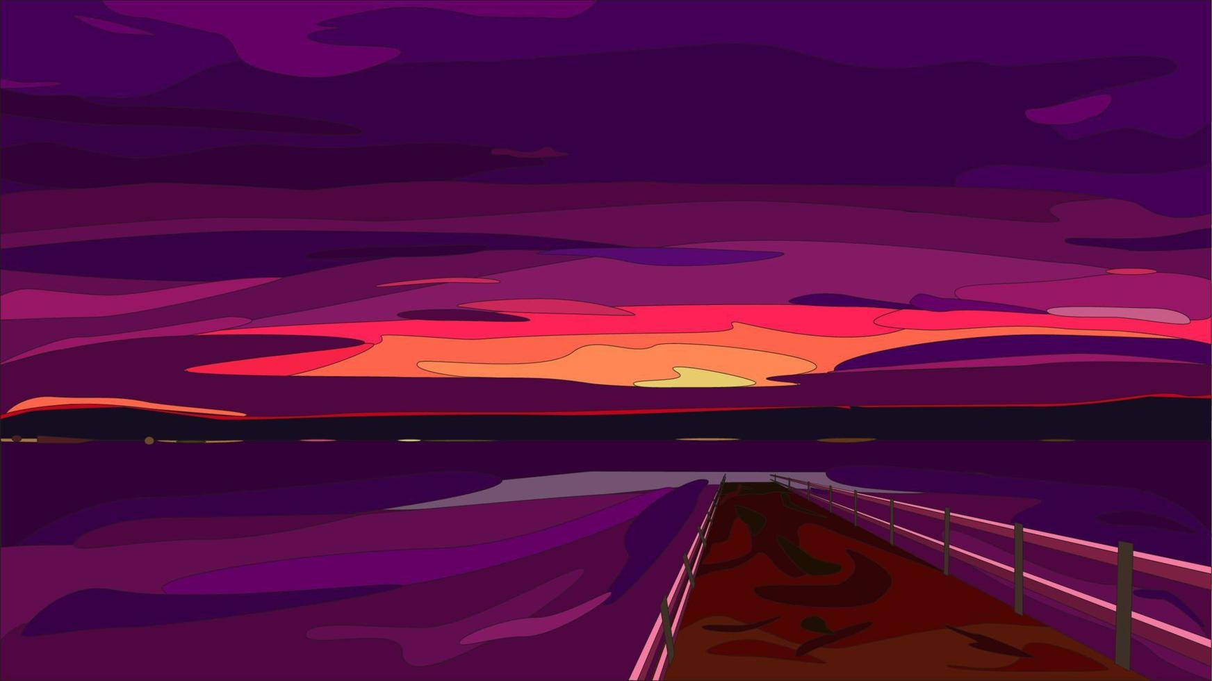 paisaje abstracto del vector de puesta de sol o amanecer, paisaje en tonos morados por el sol brillante. muelle de salida. ilustración de paisajes. paisaje para papel tapiz fotográfico, protectores de pantalla