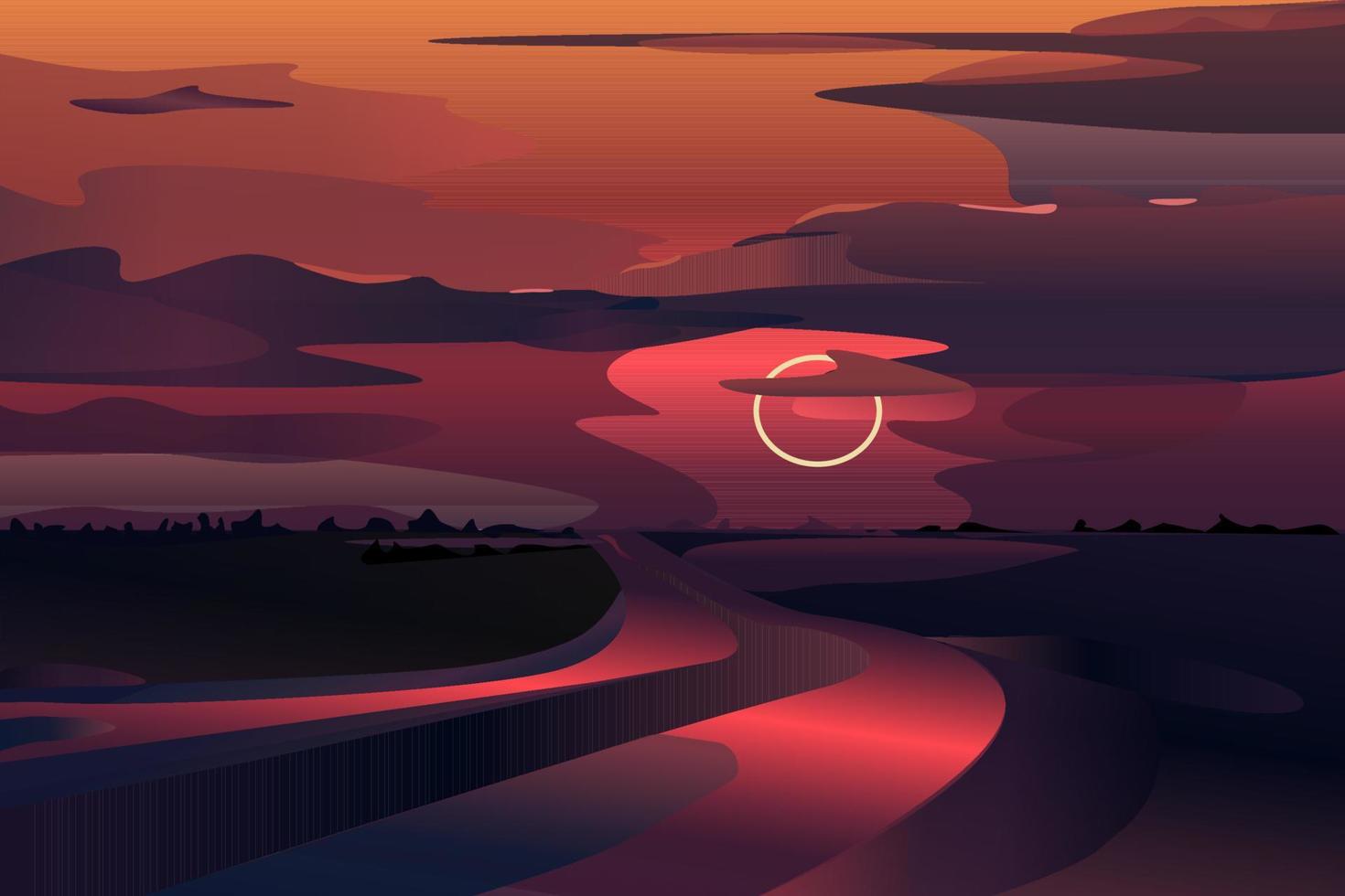 Vector landscape sunsets or sunrises. Violet landscape. Gradient spots. Inspirational look. Landscape for photo wallpaper, screensavers. Posters