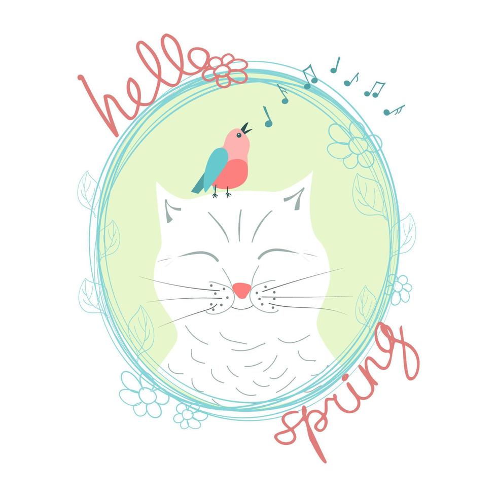 white happy cat with closed eyes, pink singing bird with blue wings, music signs and handwritten inscription hello spring in pink in an oval blue frame vector