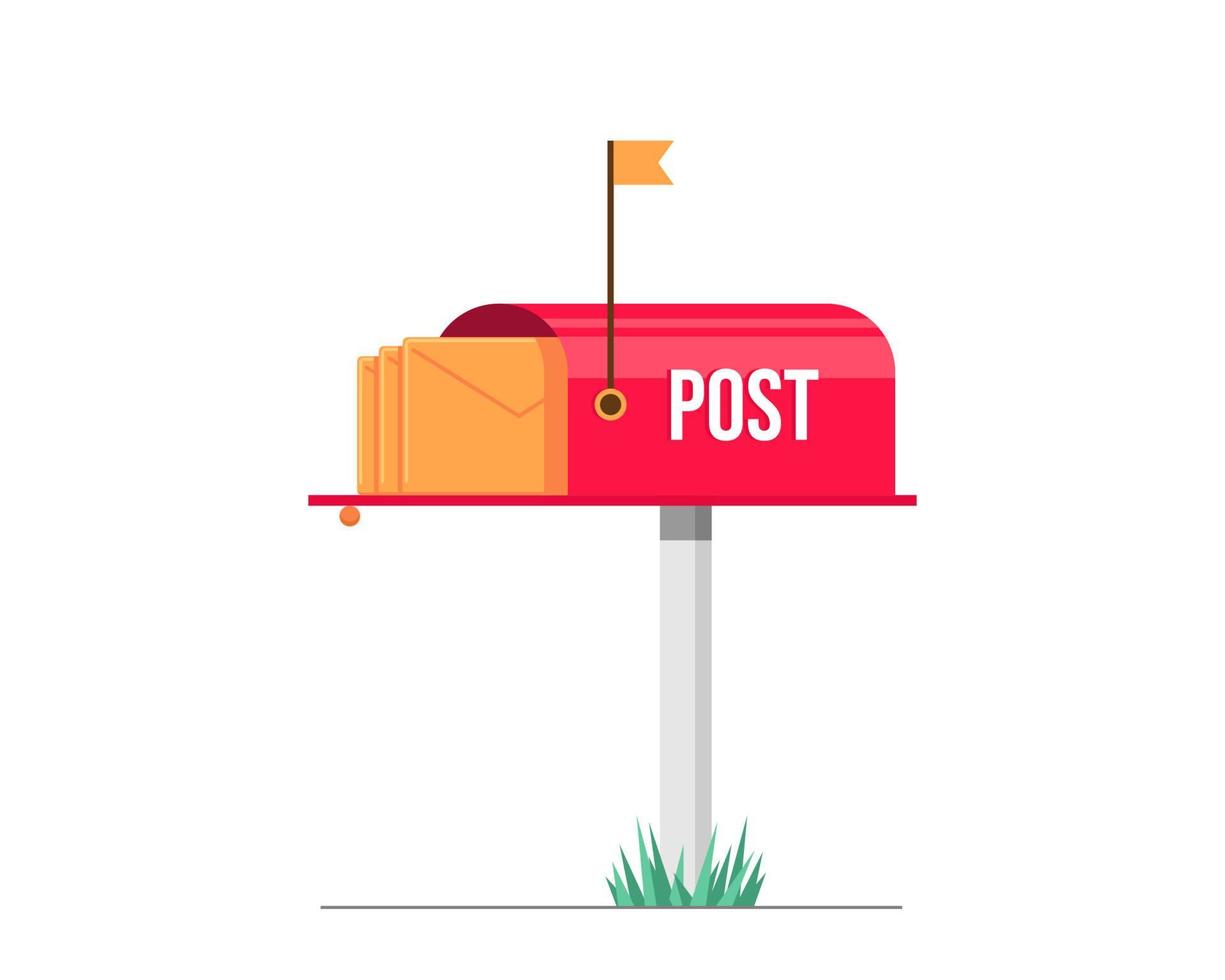 Red mailbox. Open post box with letters inside. Envelopes in postbox. Letterbox with received flag. Vector eps illustration