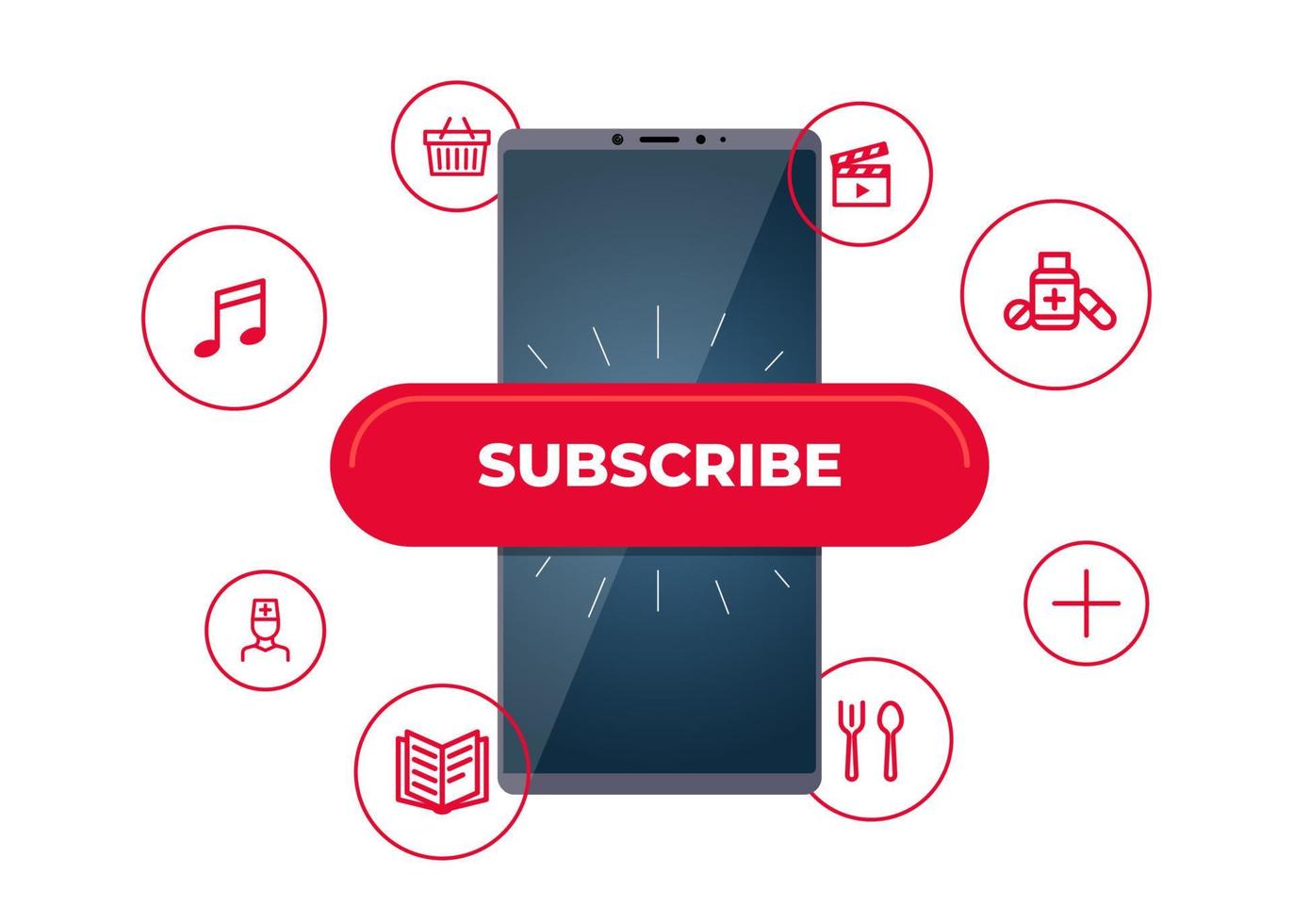 Online subscription services on smartphone screen. Finger press subscribe button to access entertainment media, education, treatment and food supply content. Mobile app advertising vector eps banner