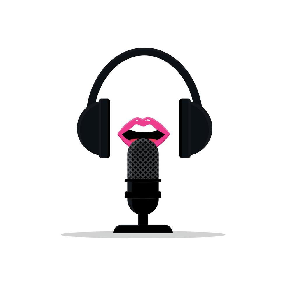 Talking Mouth into Microphone in Headphones Podcast Concept vector