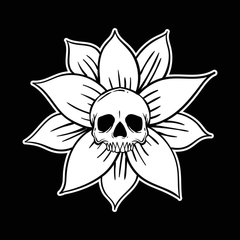 cráneo dibujado a mano con flores ilustración en blanco y negro vector premium