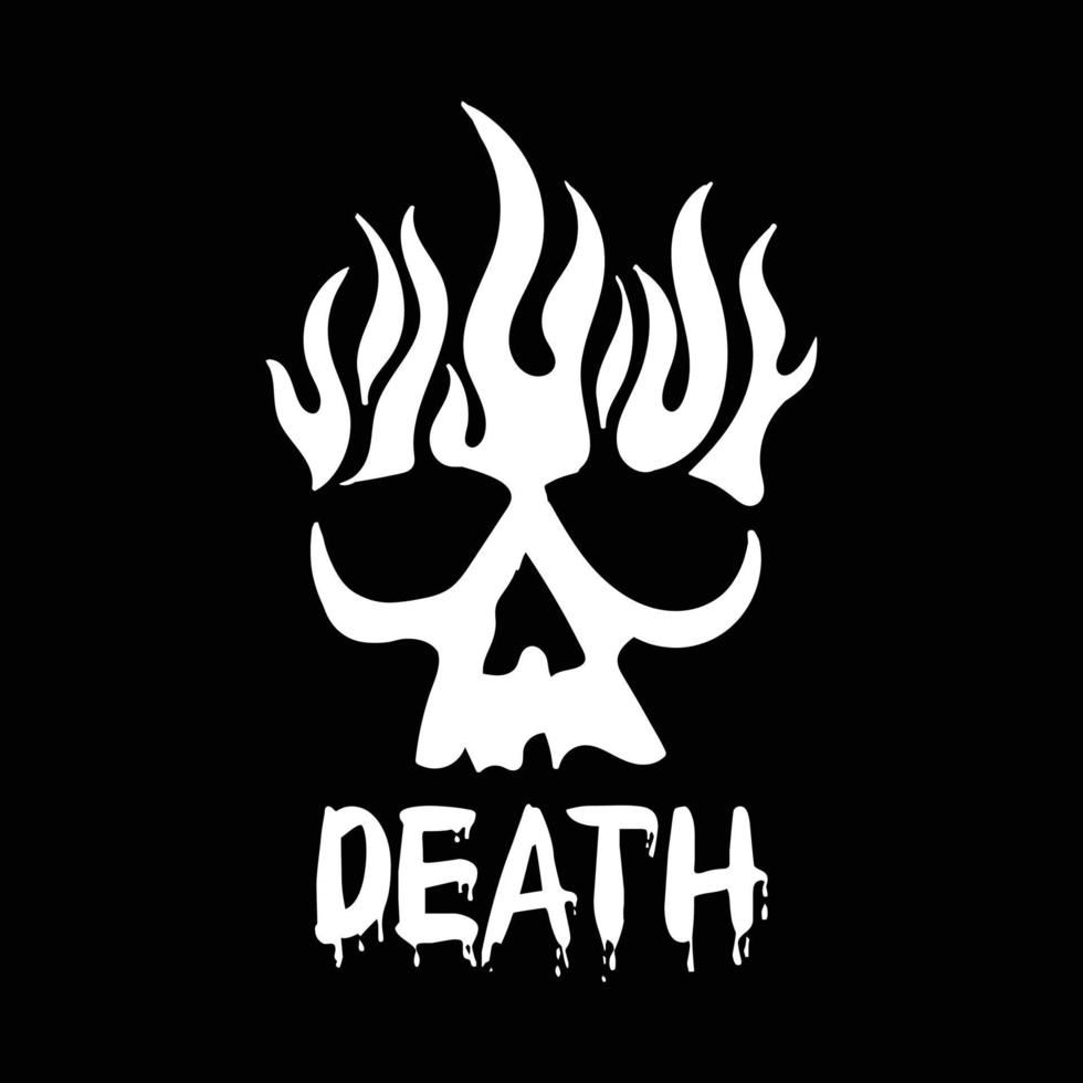 fuego de calavera con letras de muerte para diseño de camiseta ilustración en blanco y negro vector premium