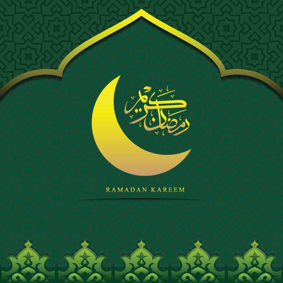 Ramadan kareem with Arabic calligraphy, crescent moon, Islamic border and pattern vector