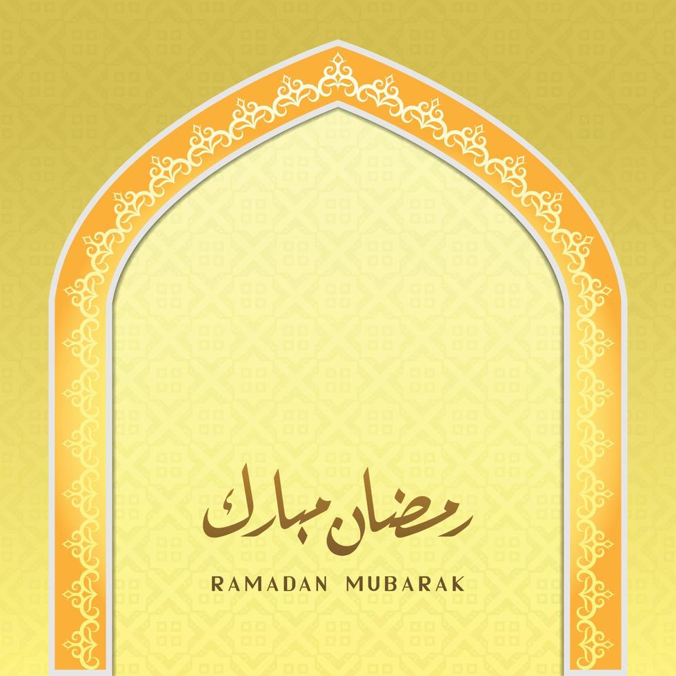 Ramadan Mubarak greetings with beautiful calligraphy, decorative borders, mosque doors and pattern backgrounds vector