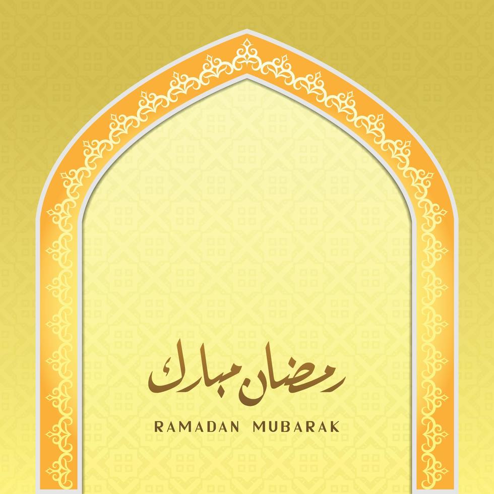 saludos de ramadán mubarak con hermosa caligrafía, bordes decorativos, puertas de mezquita y fondos de patrón vector