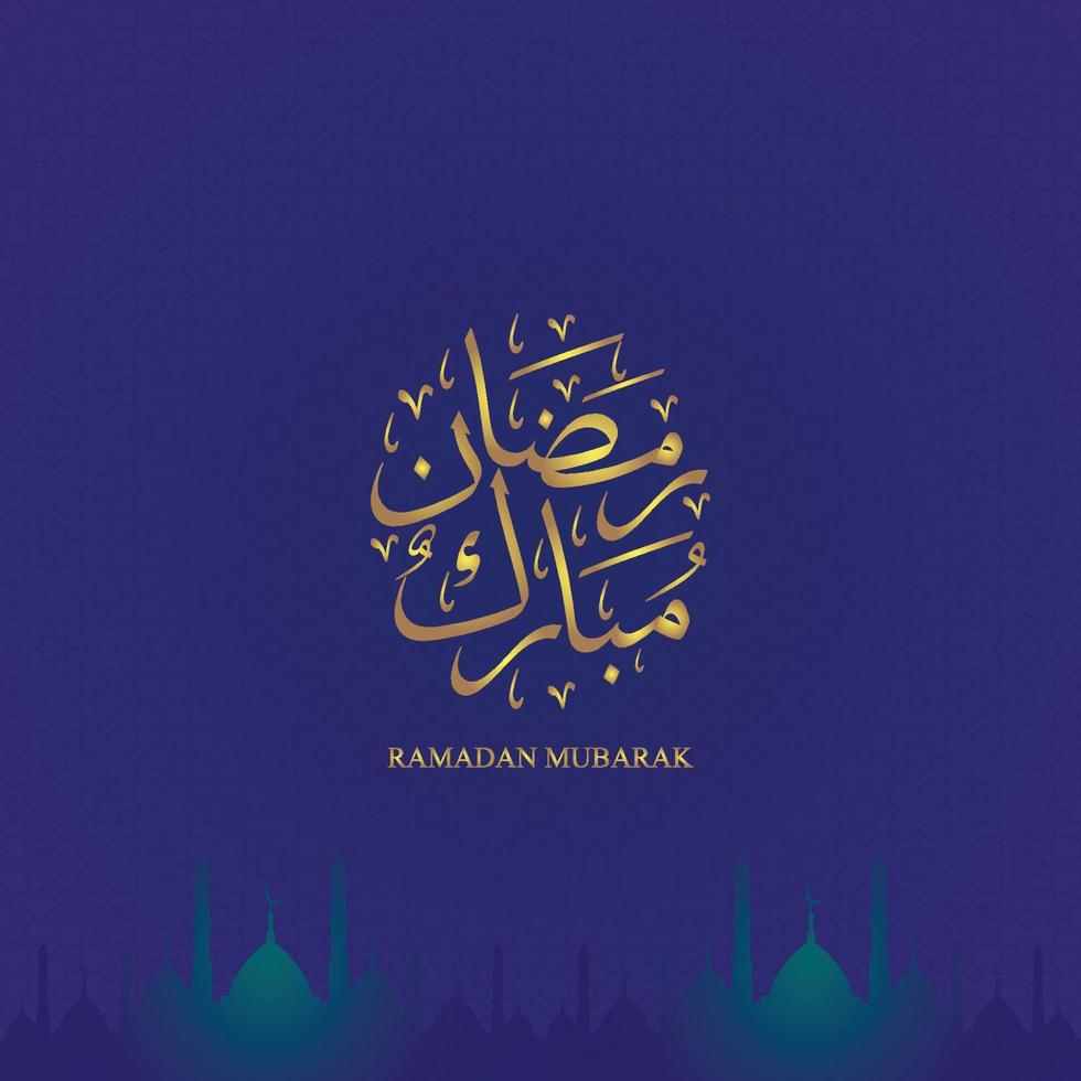 Ramadan Mubarak with beautiful Arabic calligraphy, mosques and background patterns and colored blue gradations. vector