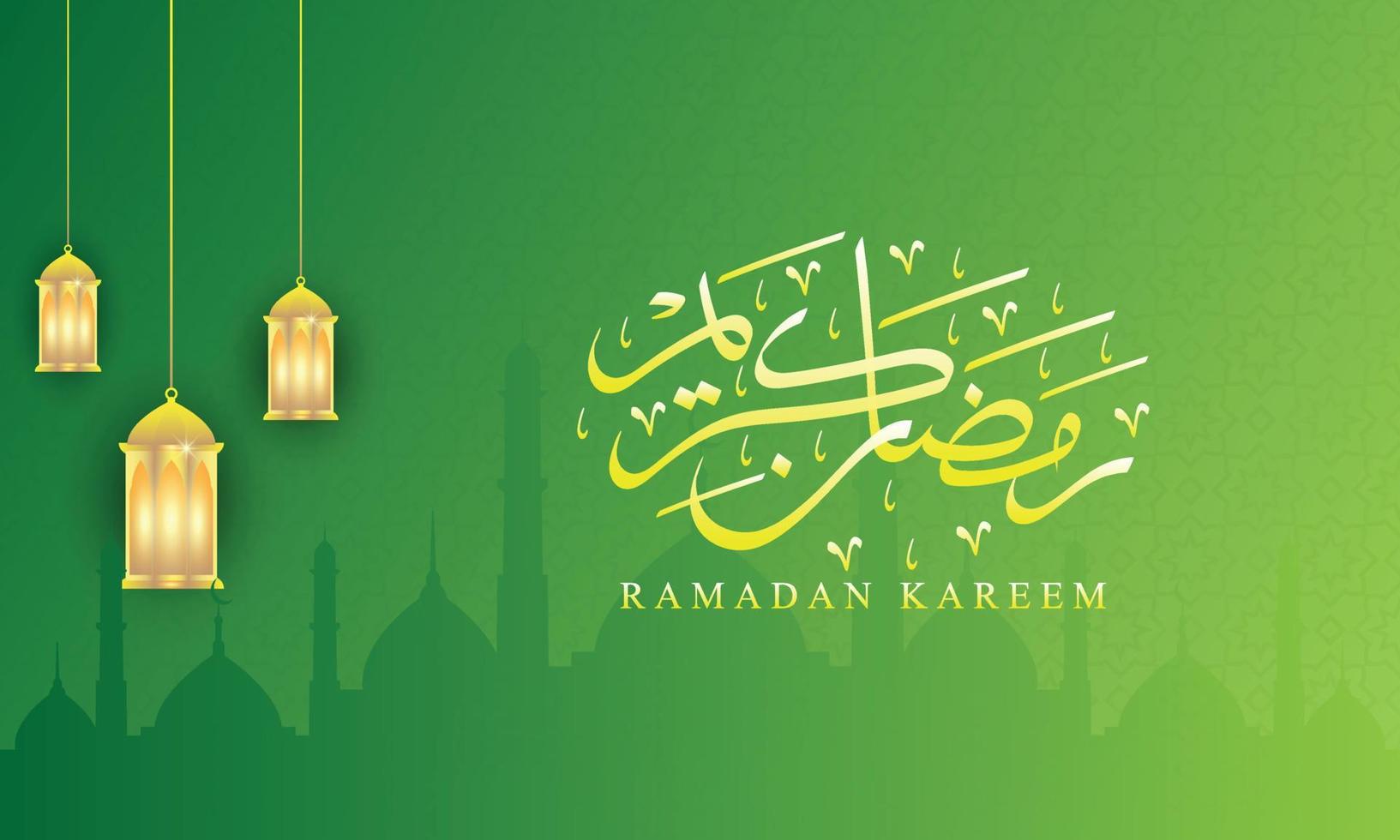 diseño ramadan kareem con caligrafía árabe, linterna, mezquita y fondo de patrón vector