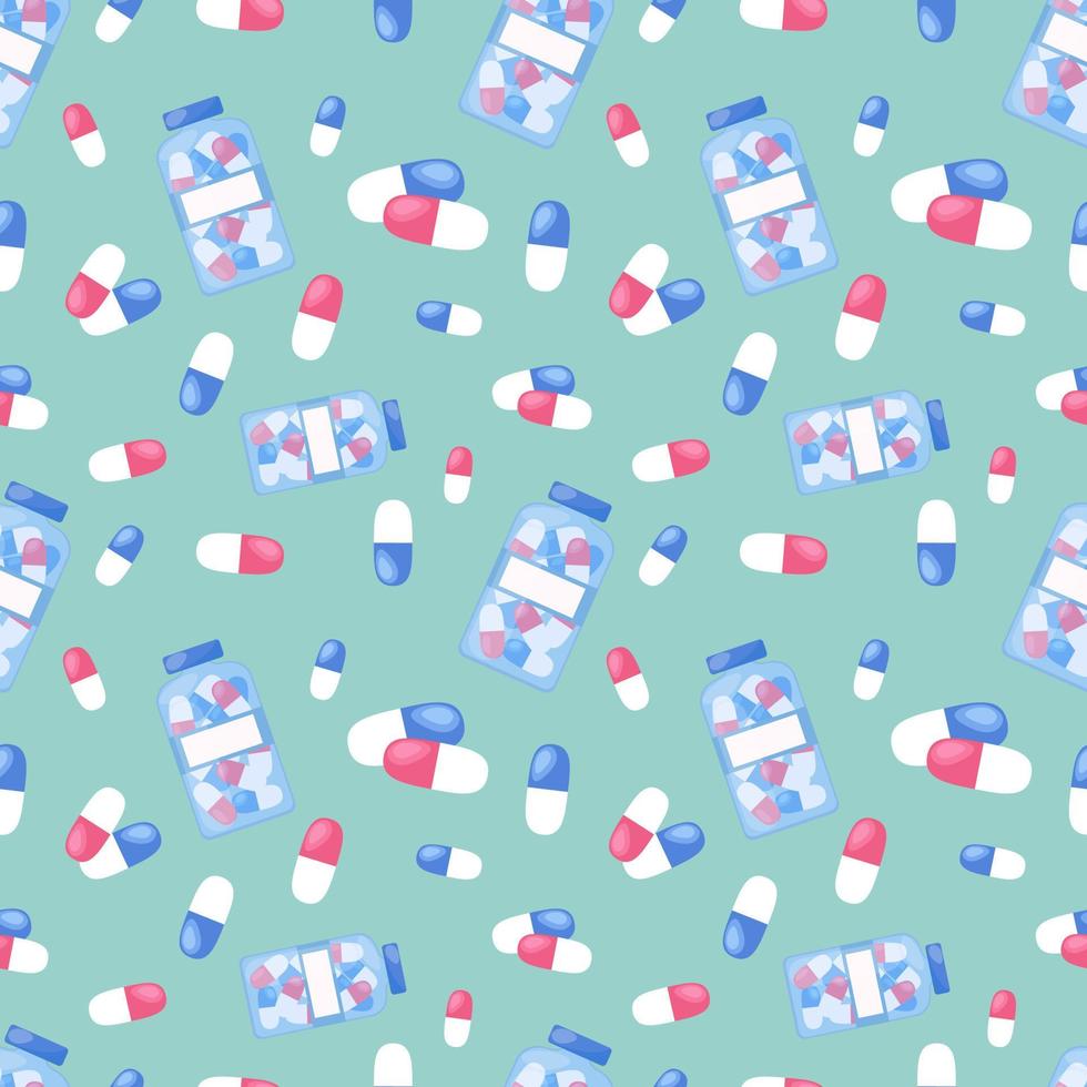 Medical pills seamless background. Pharmacy pattern. Colorful pills, tablets and capsules. Vector flat illustration