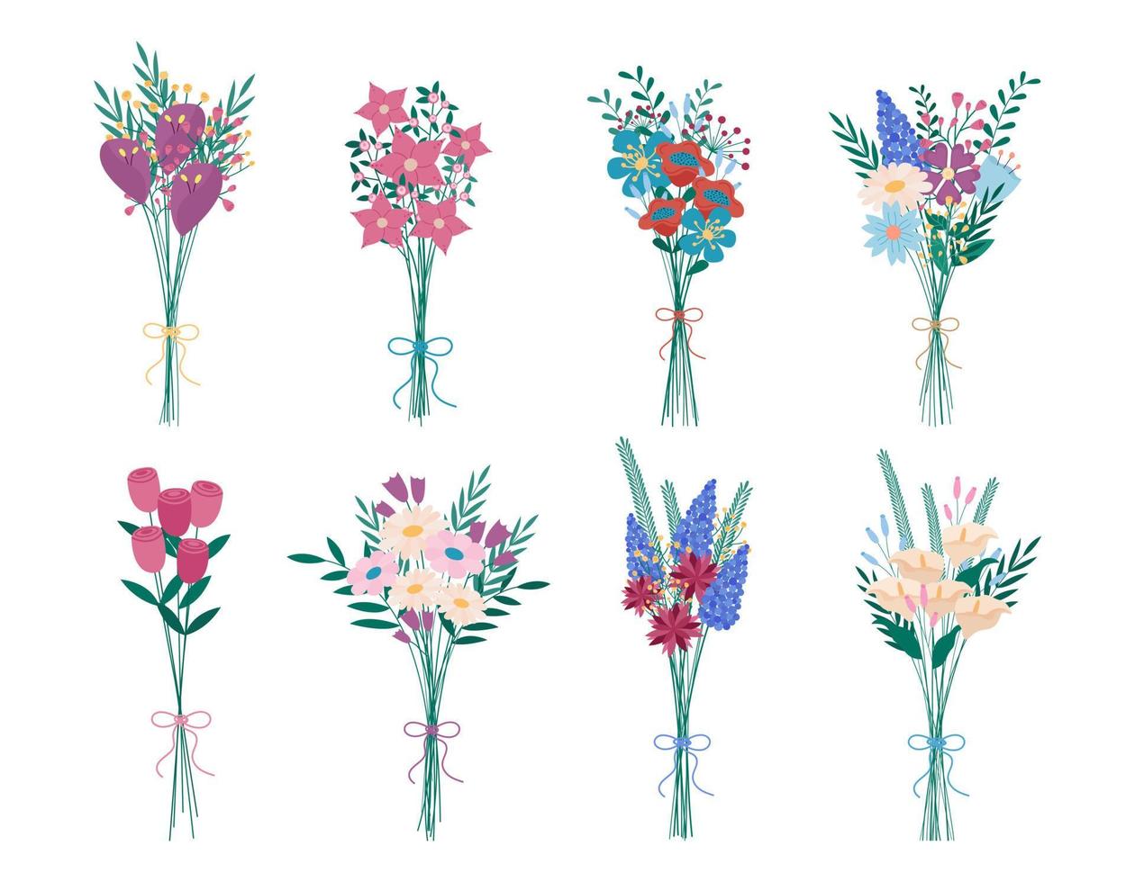 Flowers bouquets vector set. Collection of fresh floral compositions isolated. Blooming meadow and abstract flowers, calla, chamomile on white background. Flat illustration of blossom bunches
