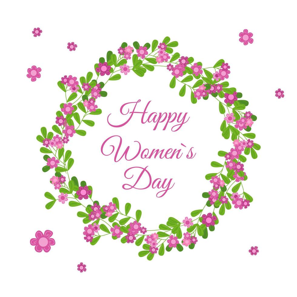 Happy Womens Day greeting card. Floral round frame isolated. Cute pink flowers vignette. Vector hand drawn illustration