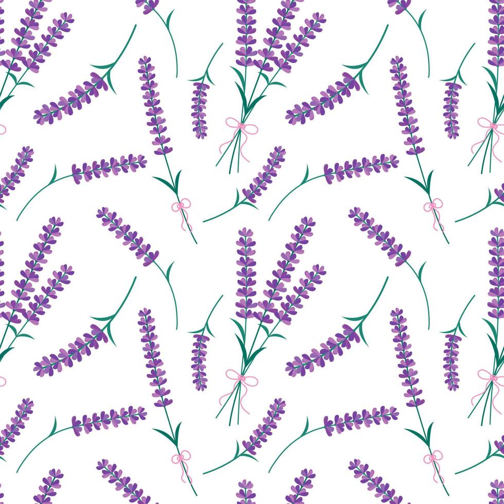 Lavender flowers seamless pattern. Vector endless white background with purple Lavender blossom. Spring design with floral elements